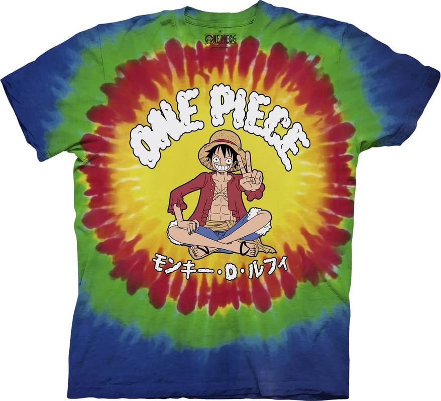 Ripple Junction One Piece Mens Short Sleeve T-Shirt Monkey D. Luffy Tie Dye Peace Sign Anime Crew Neck Multi Large